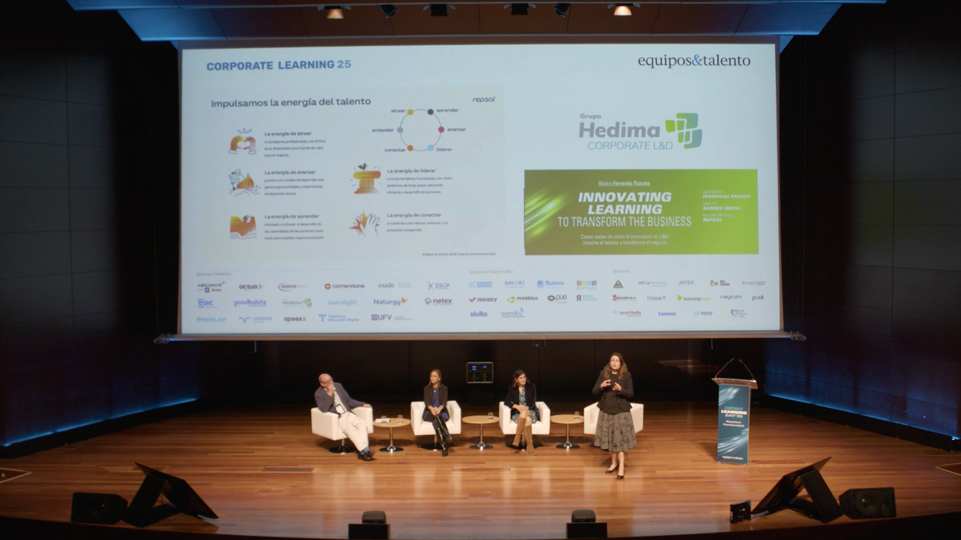 Grupo Hedima Corporate L&D patrocinador premium en el Corporate Learning Day 2025 de Madrid con Fernando Pozueta, Laura Sánchez, Isabel Cid, y Ana Isabel Montenegro